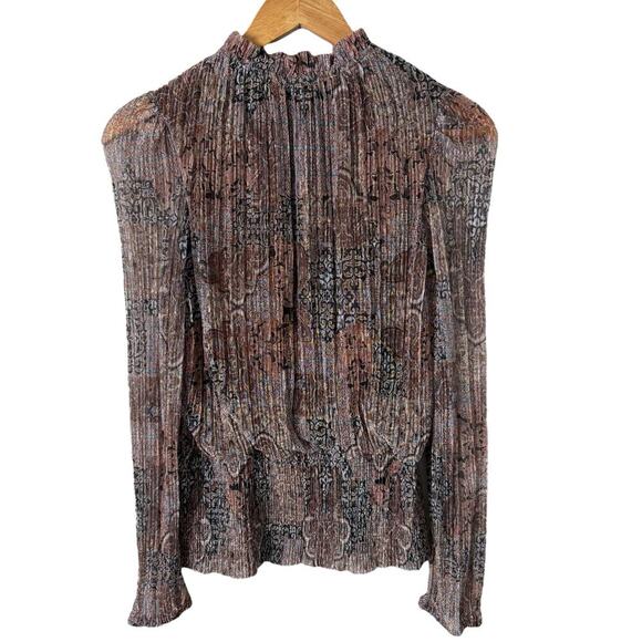 Joie Ruffled Crewneck Sheer Long Sleeve Blouse Smocked Waist Boho Floral Print L - Picture 7 of 7